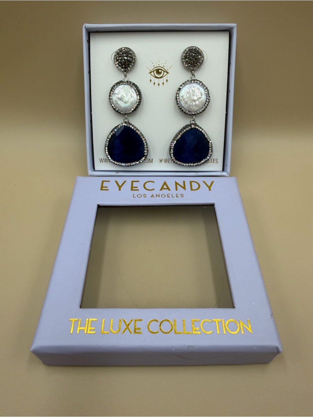 Blue Crystal Pearl Statement Drop Earrings Glam Evening EyeCandy LA NWT